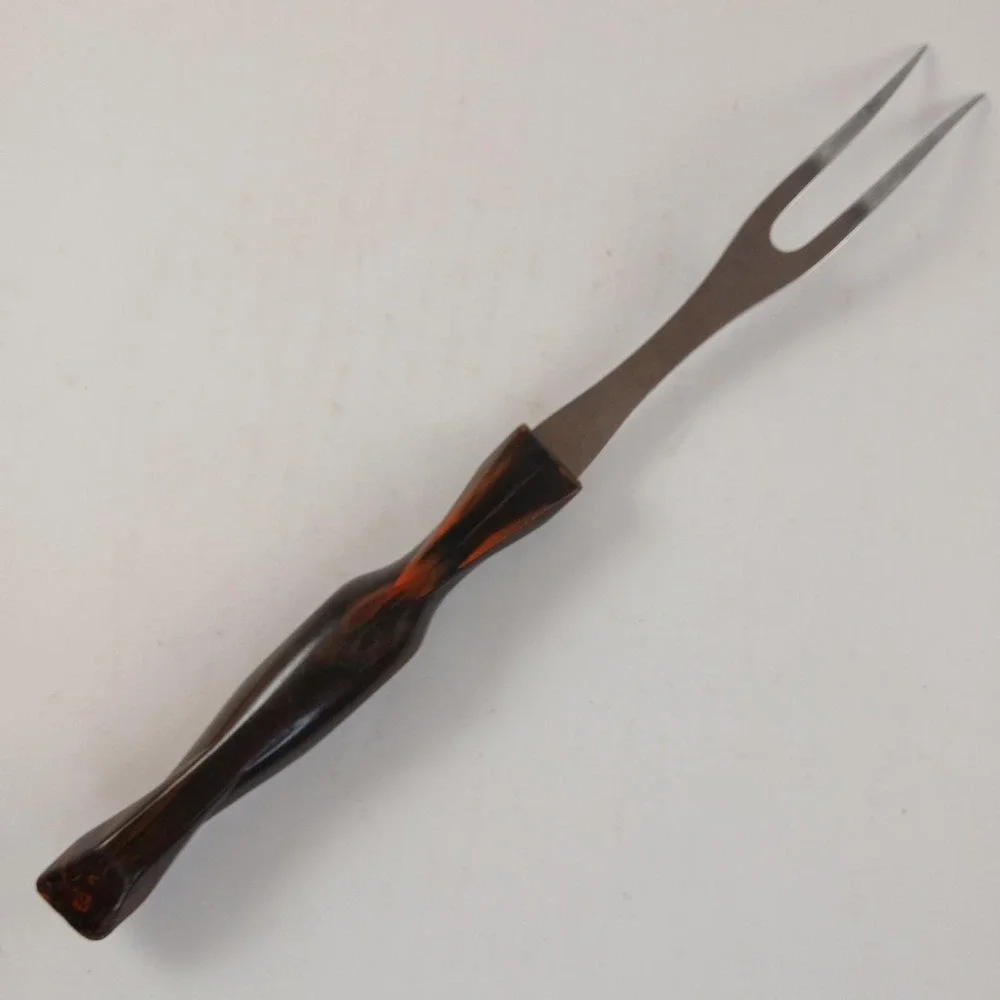 CUTCO Carving Meat Fork Two Tines Orange Brown Swirl Plastic Handle Vintage